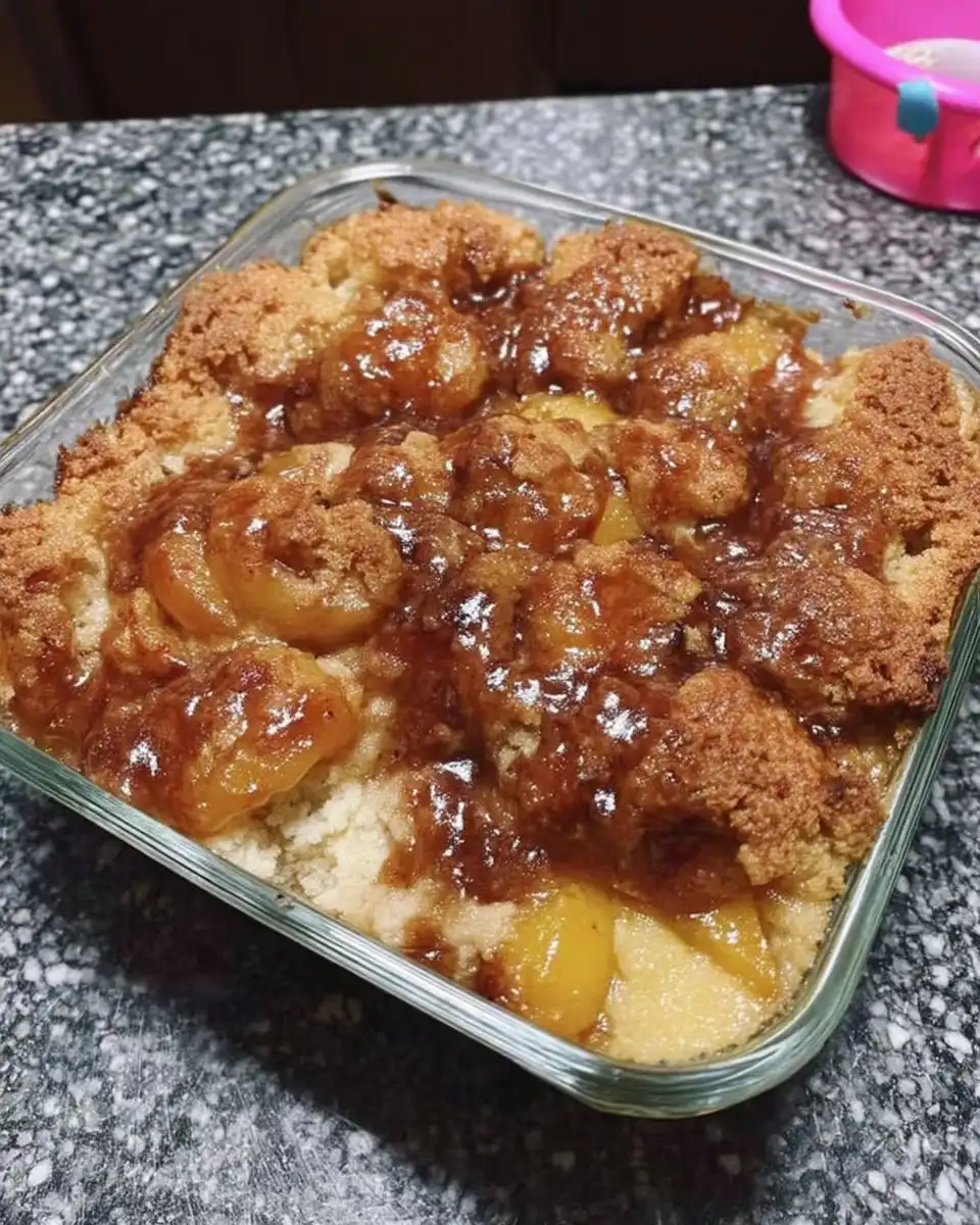 Whole baked peach cake with golden crust and sugar topping