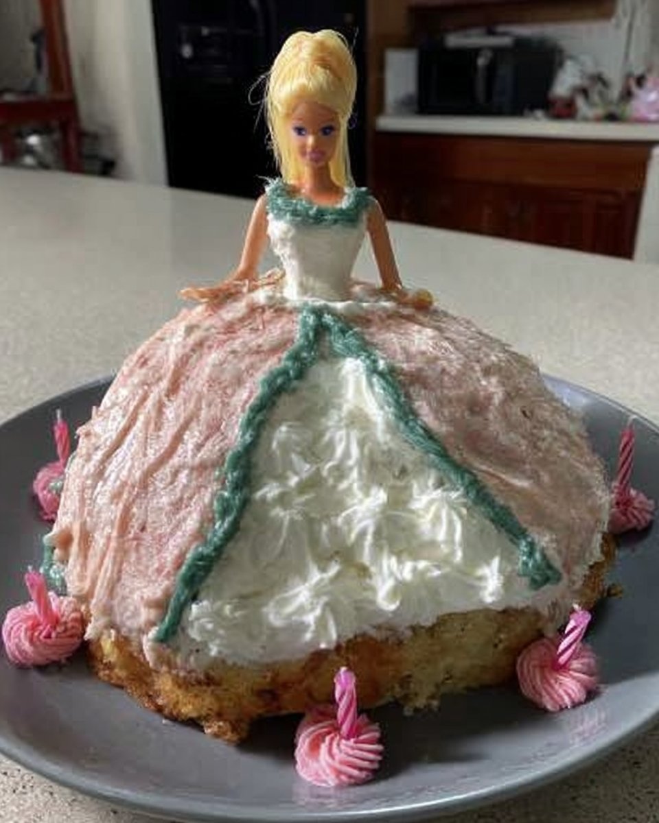 Finished Barbie cake with pink frosting skirt on a cake stand