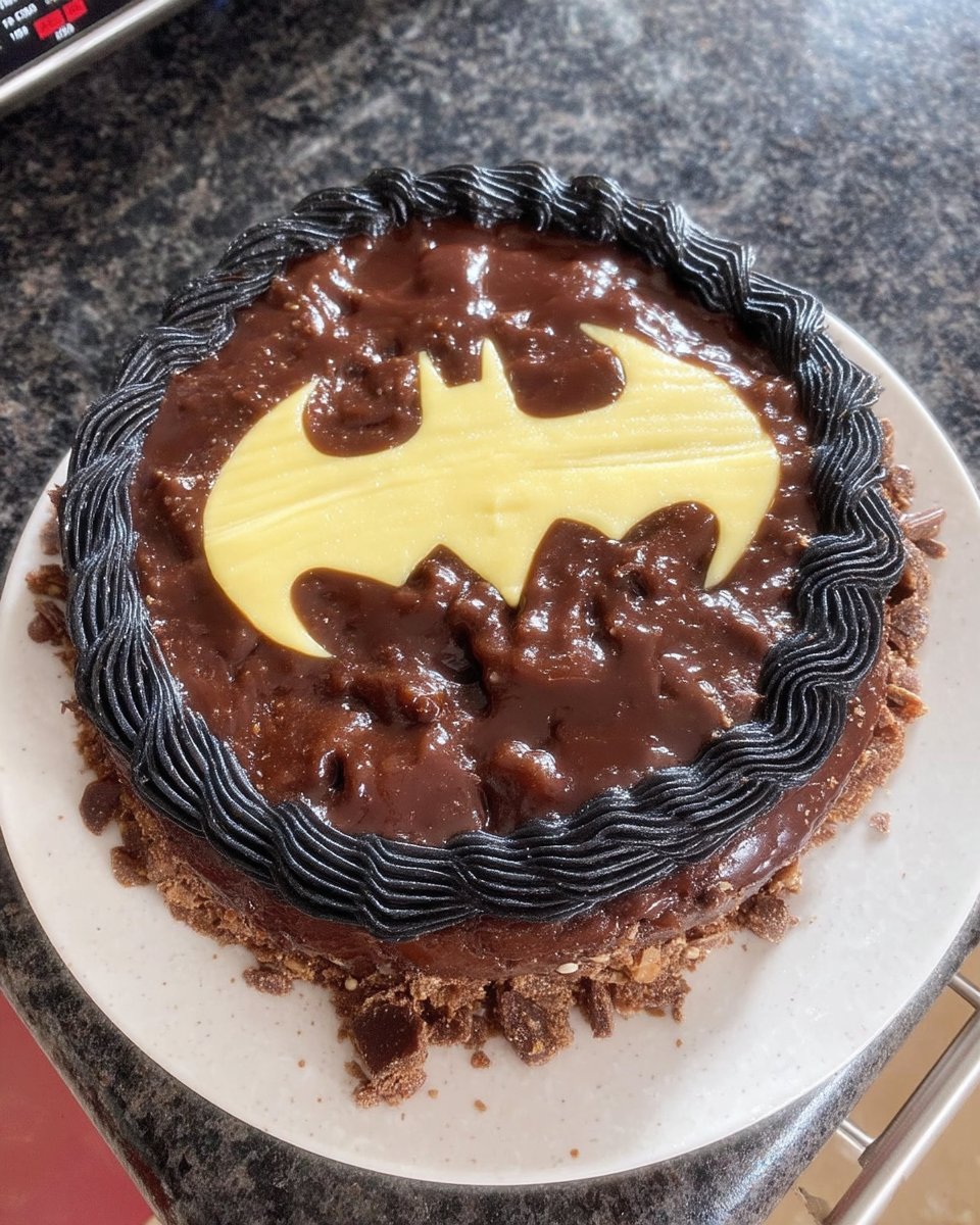 Whole batman loaf cake dusted with powdered sugar on a cake stand