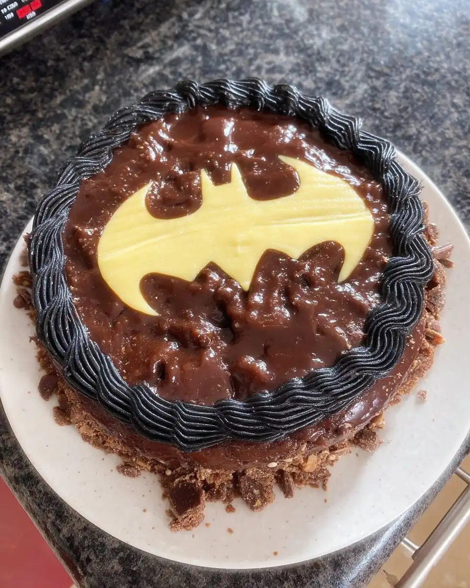 Batman Cake 14 Whole batman loaf cake dusted with powdered sugar on a cake stand