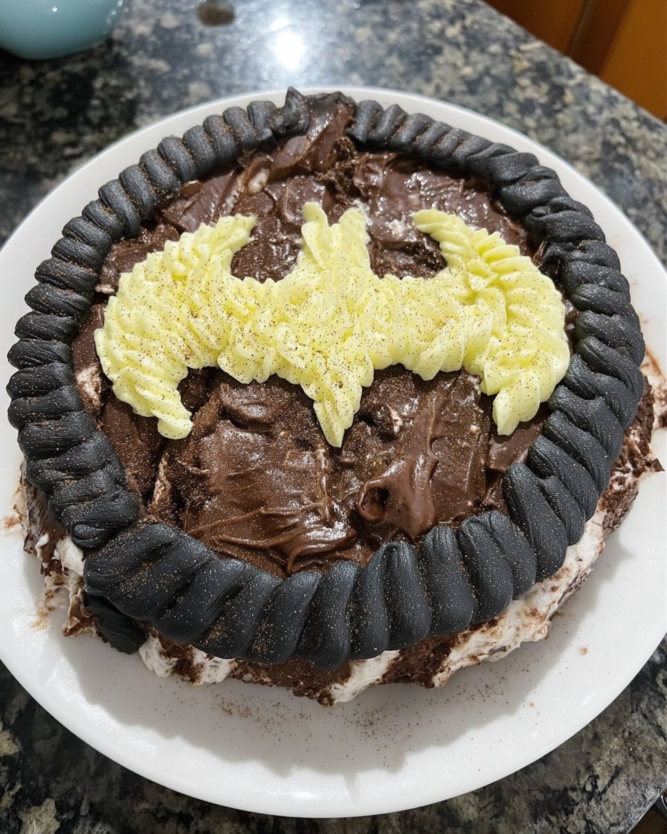 Slice of lemon loaf cake revealing a black batman symbol inside on a white plate