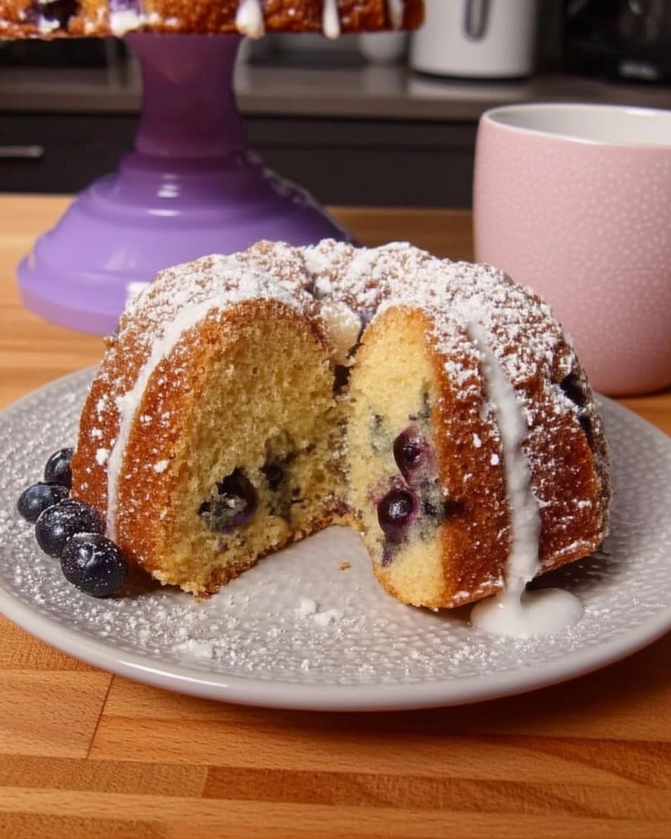 Golden blueberry coffee cake bundt with powdered sugar dusting