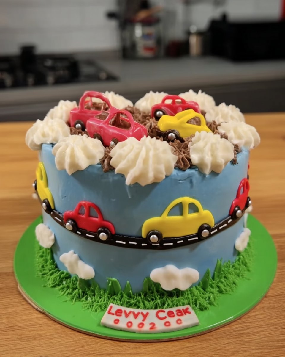 Boy Cake 10 Boy cake with blue sky buttercream and fondant race cars on a cake stand