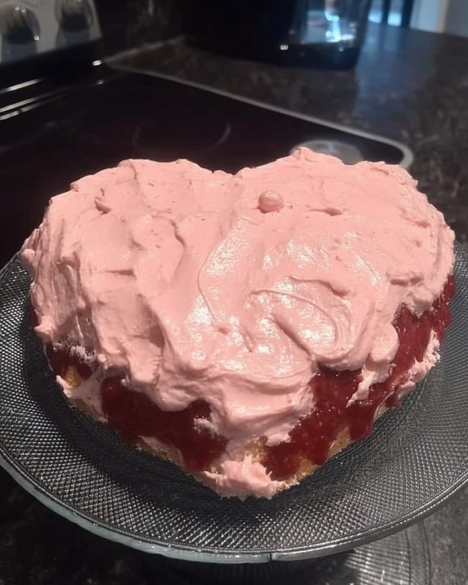 Process shot showing a square cake and split round cake arranged as a heart
