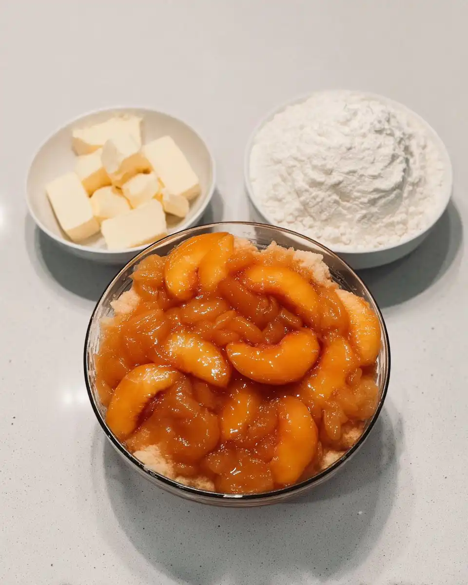 Canned peaches, yellow cake mix, and butter on a wooden table