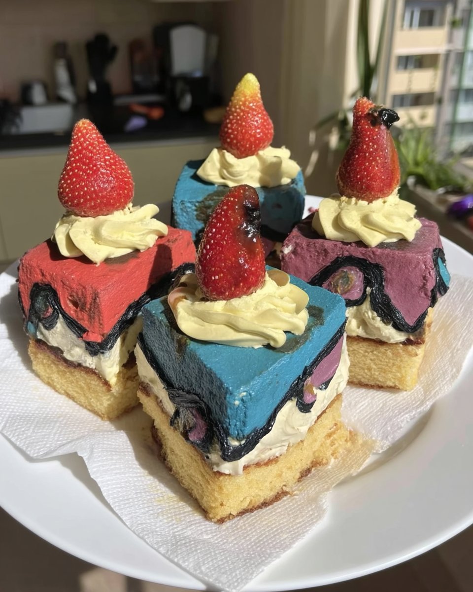 Slice of cartoon style cake with black outlines on a white plate