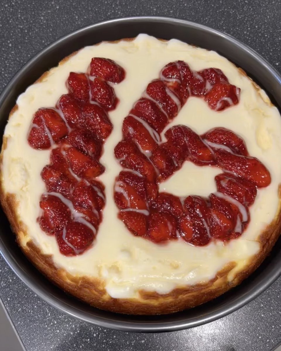 Baked cheesecake cooling in an oven with the door slightly ajar