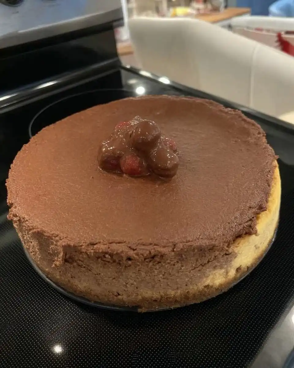 Chocolate cheesecake baking inside a water bath in the oven