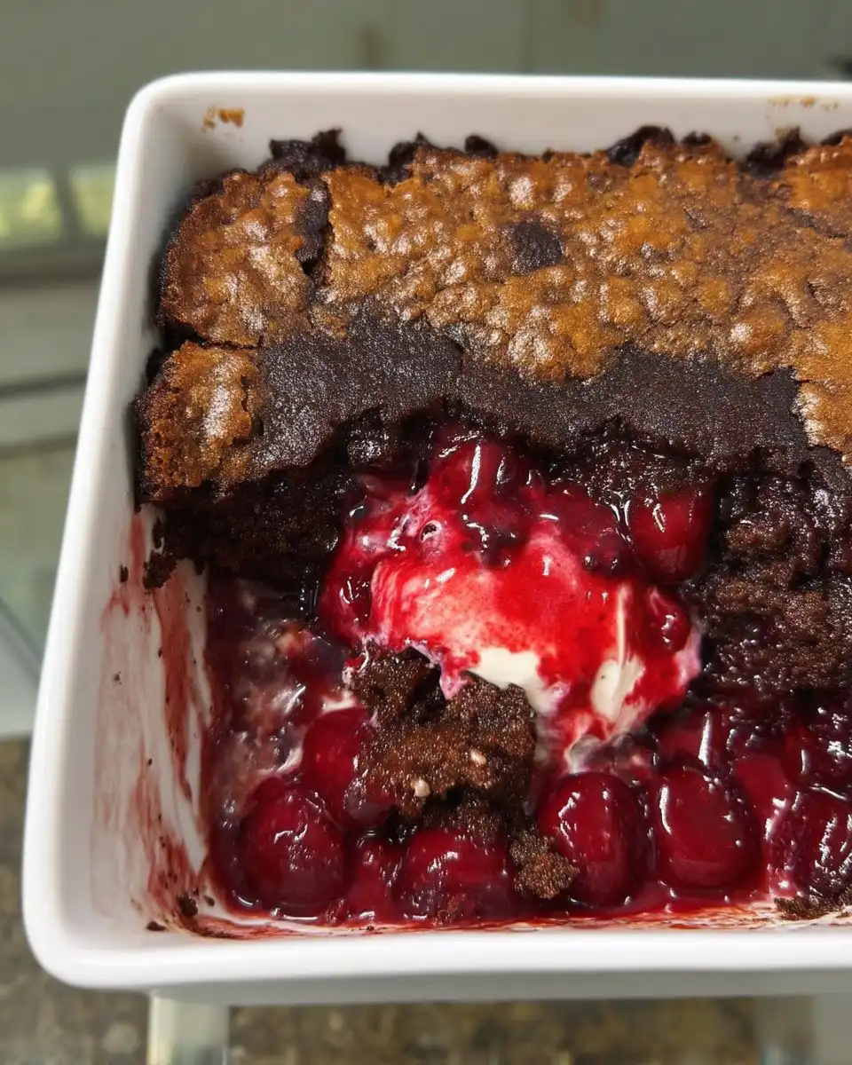 Chocolate Cherry Dump Cake 10 slice of chocolate cherry dump cake with visible fruit layers