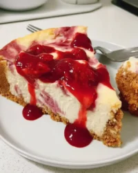 Whole strawberry cheesecake with graham cracker crust and shiny strawberry topping