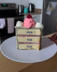 Slice of comic cake with peanut butter sponge and black outlines