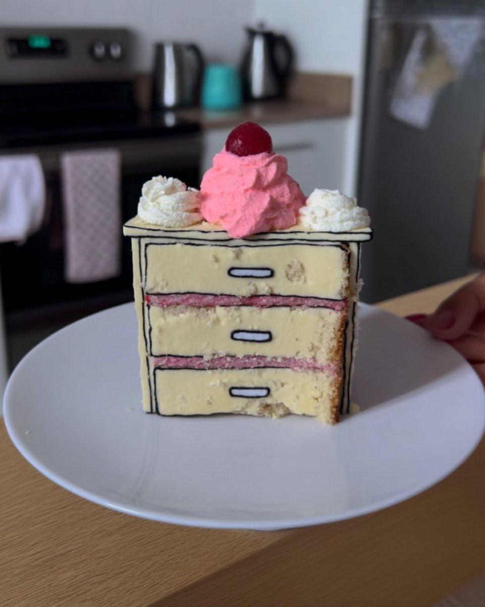 Slice of comic cake with peanut butter sponge and black outlines