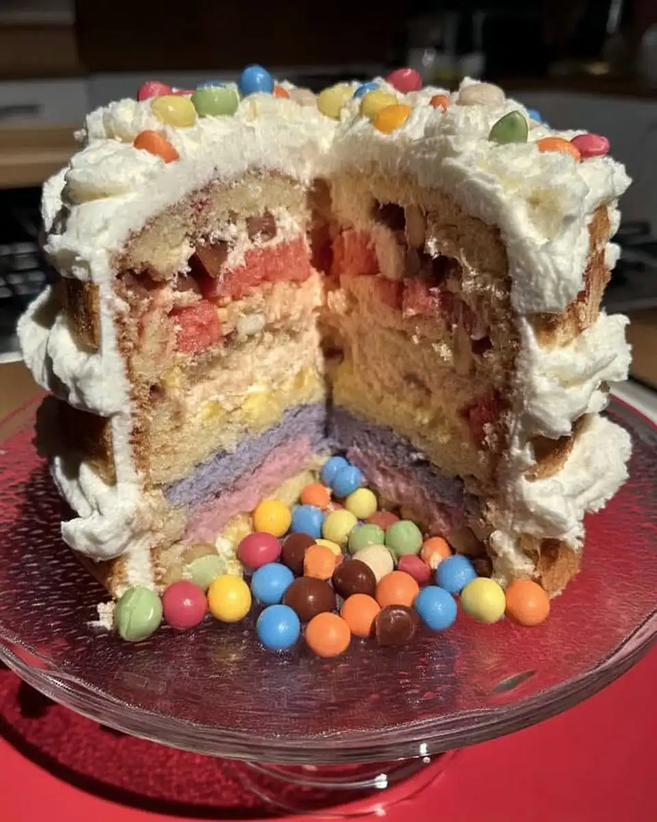 Using a round cutter to remove the center of a cake layer for pinata cake