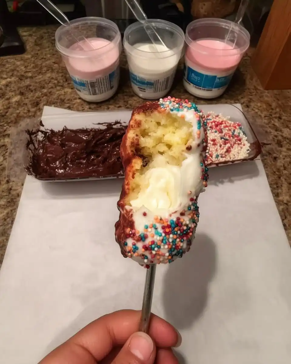 Dipping frozen cheesecake balls into white confectioners coating
