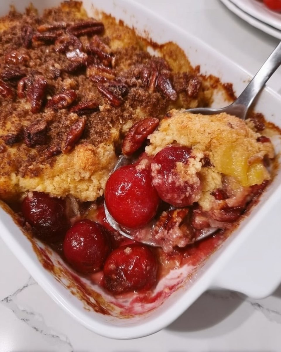 Warm scoop of cherry dump cake topped with melting vanilla ice cream