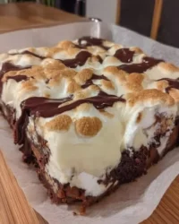 Top down view of a rustic earthquake cake with deep cracks and cream cheese swirls