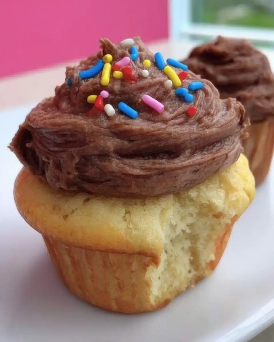 yellow cake with chocolate frosting on a white plate