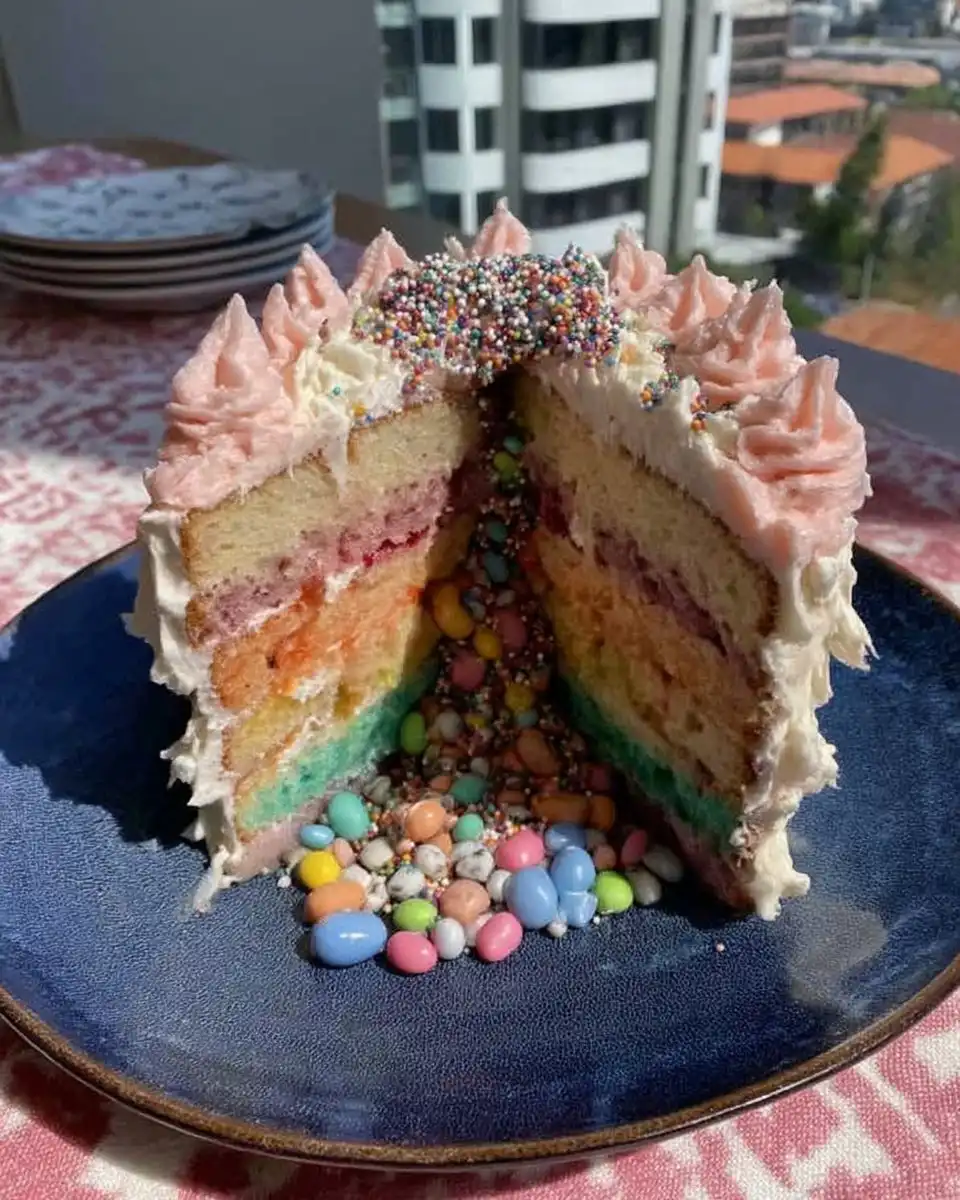 A slice of colorful pinata cake on a white plate with fork