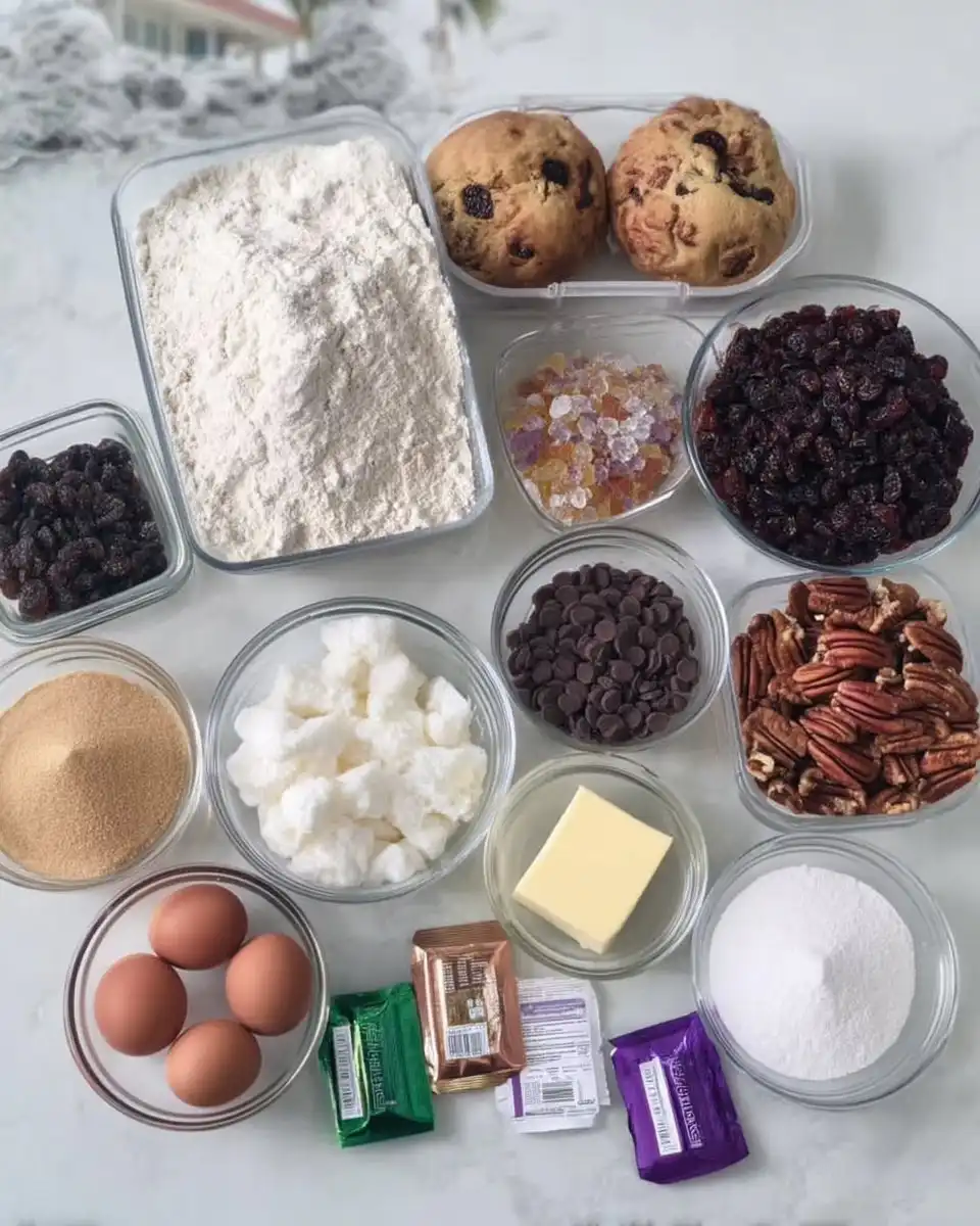 Fresh yeast flour butter and pecans for baking king cake