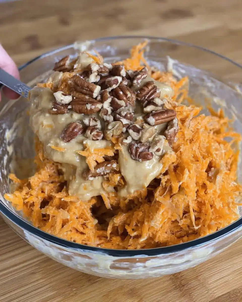 Carrot Cake 12 Freshly grated carrots, flour, spices, and eggs on a baking surface