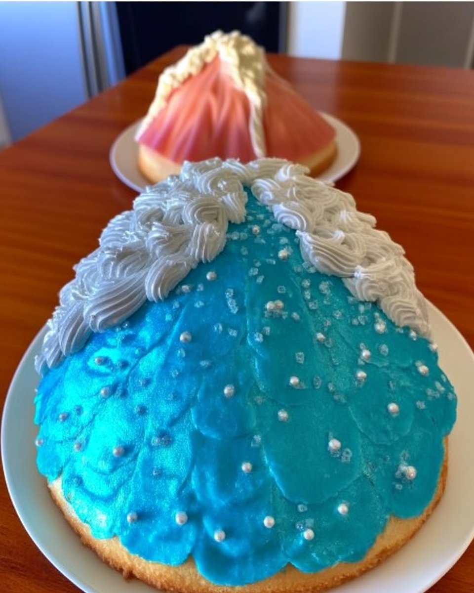 Piping pink frosting onto the dome cake skirt