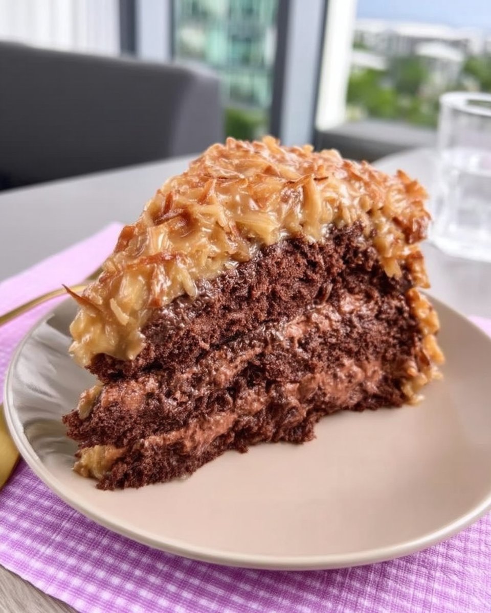 Whole German chocolate cake on a rustic cake stand