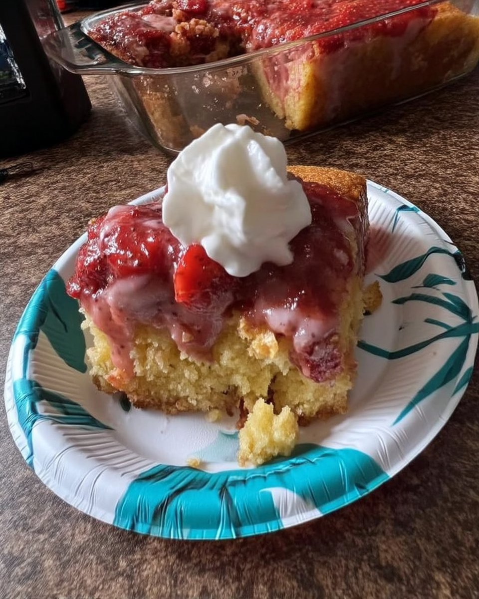 Whole frosted strawberry sheet cake in pan topped with fresh berries