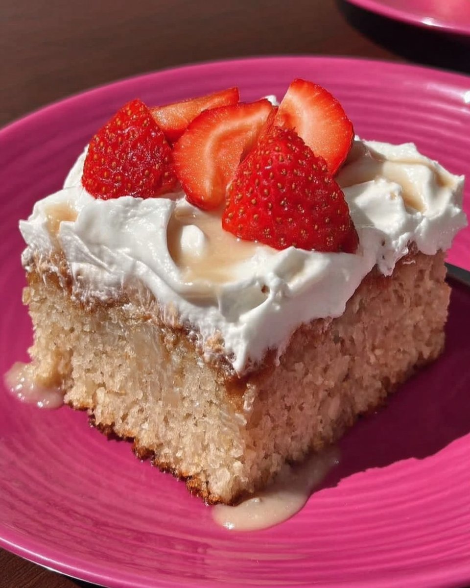 Whole strawberry tres leches cake in pan topped with whipped cream