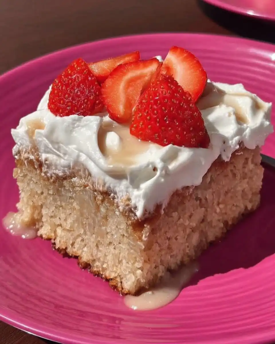 Strawberry Tres Leches Cake 14 Whole strawberry tres leches cake in pan topped with whipped cream
