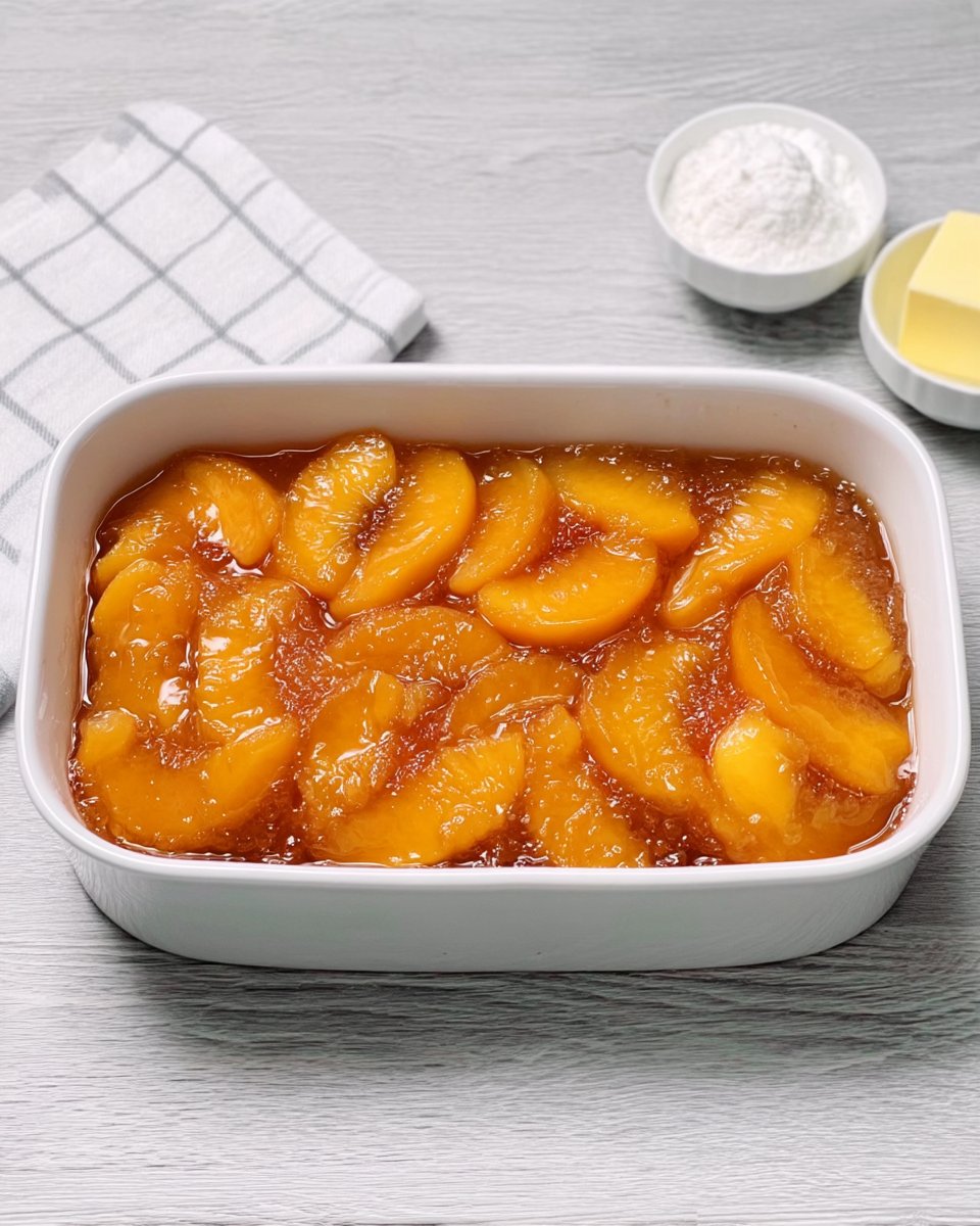 Peach Dump Cake 13 Close up of the golden brown crispy topping of a peach dump cake
