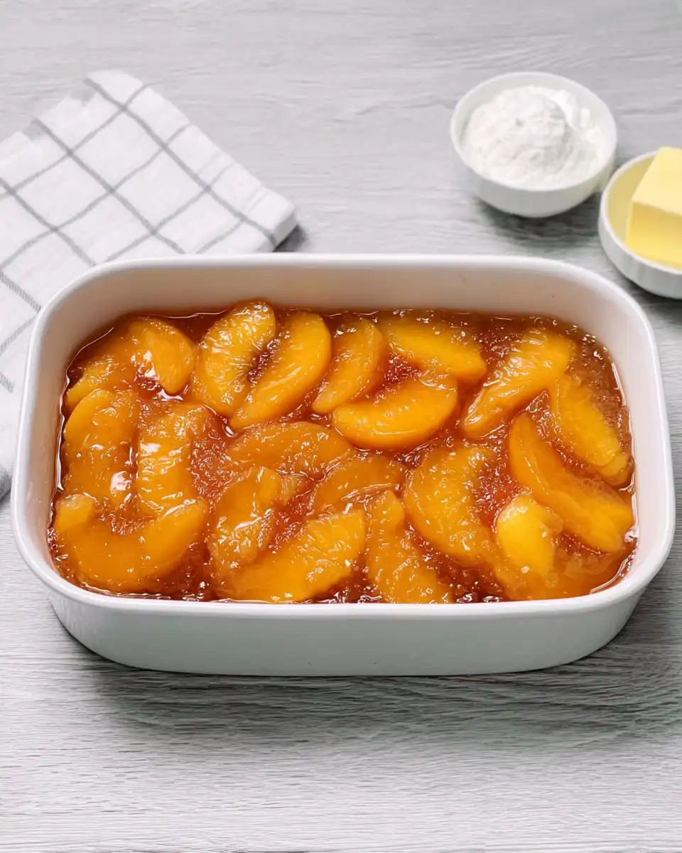 Close up of the golden brown crispy topping of a peach dump cake
