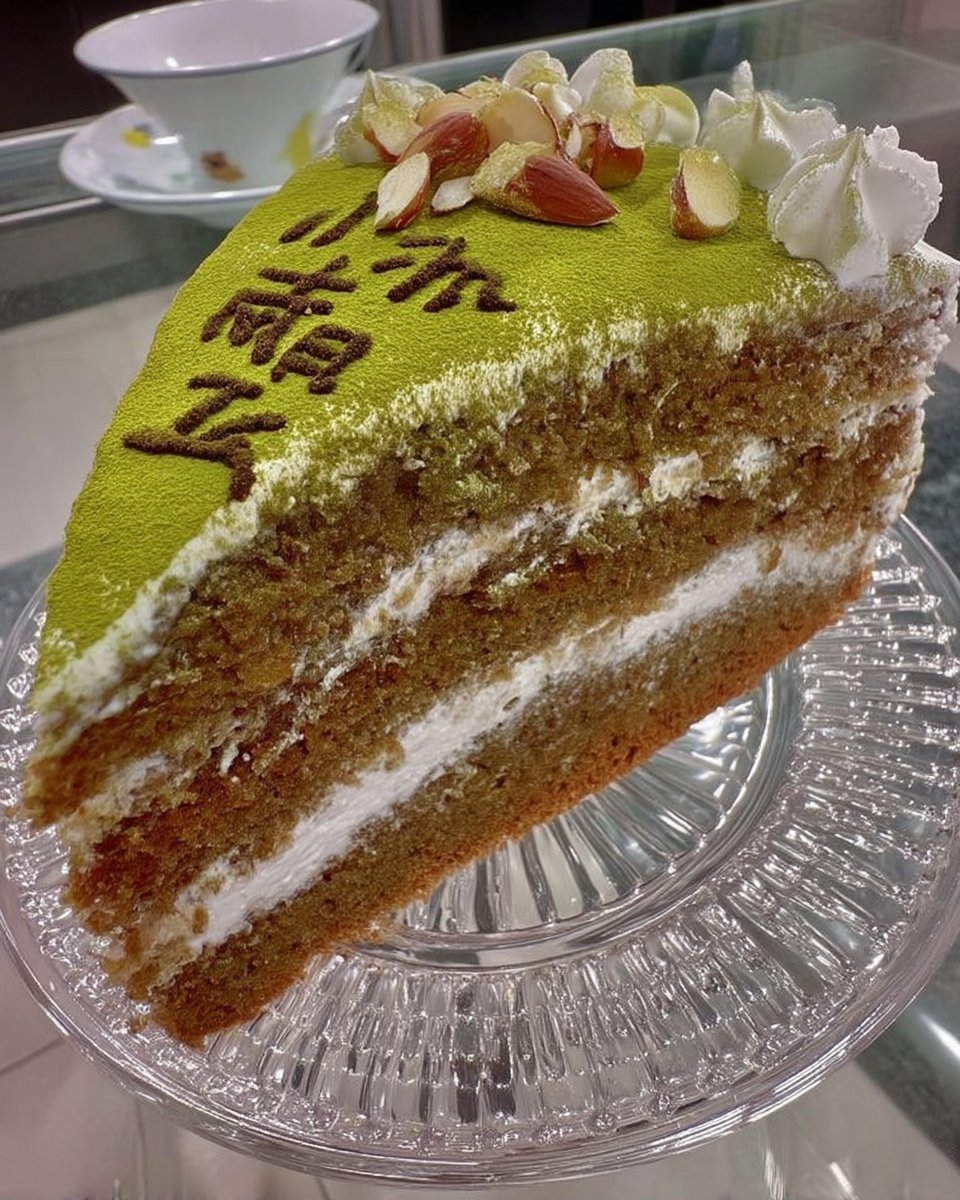 Whole green cake frosted on a white cake stand