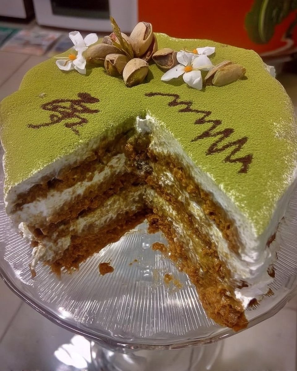 Slice of moist green cake with cream cheese frosting on a plate