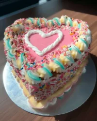 Heart cake decorated with pink frosting swirls and vintage piping