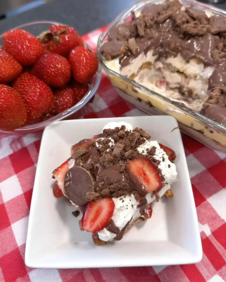 Ingredients for icebox cake including strawberries pudding mix and graham crackers