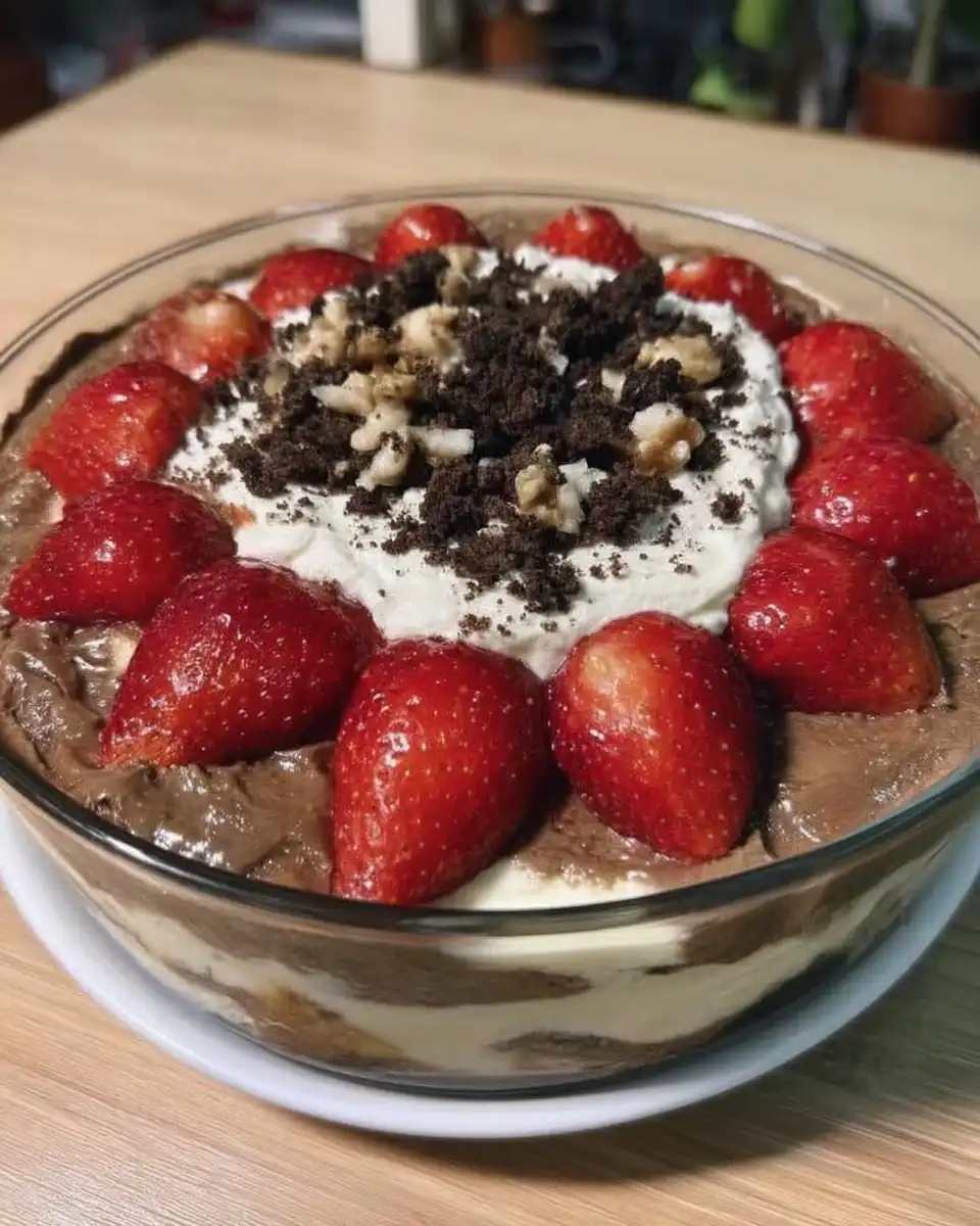 Process shot of layering strawberries and cream cheese mixture in a baking dish