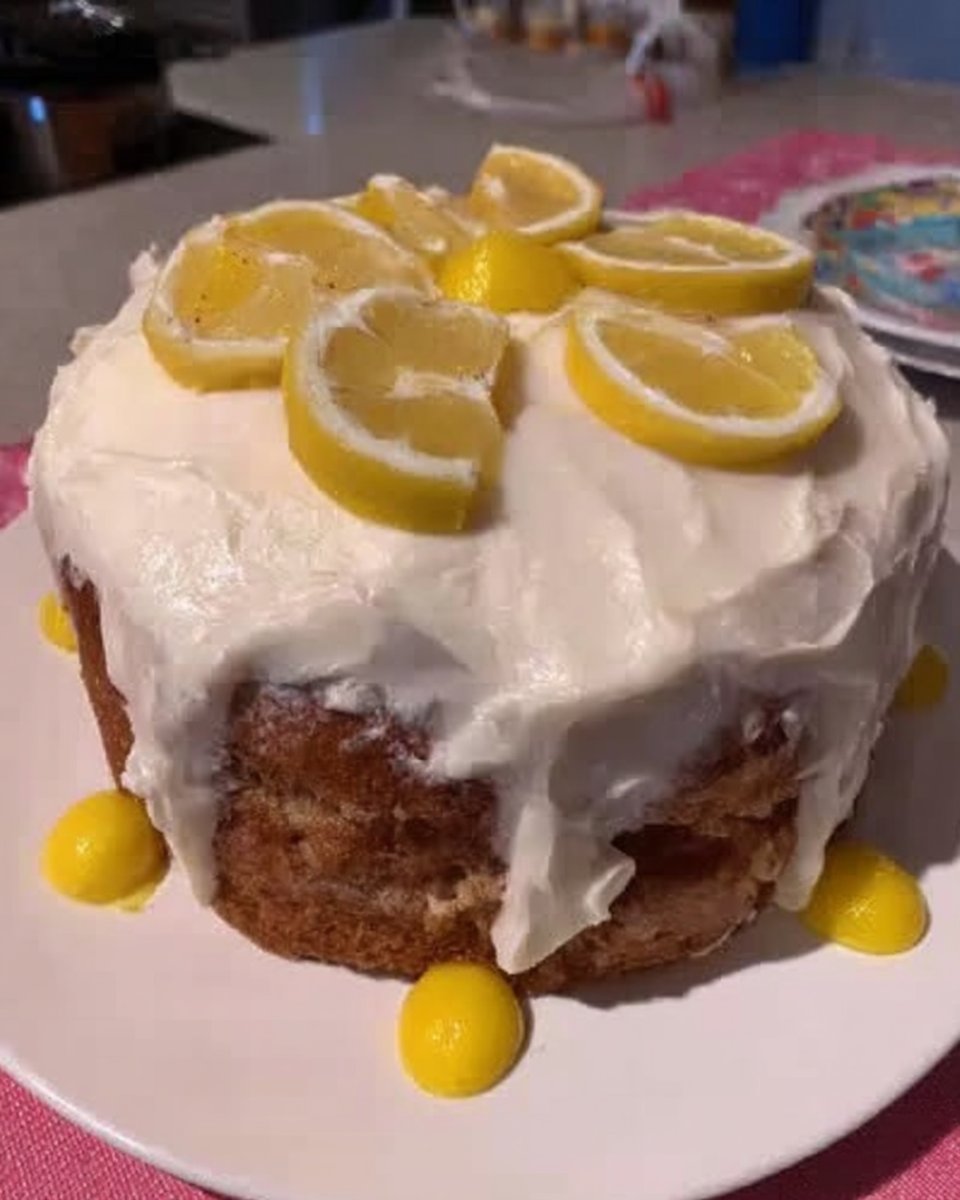 Mixing lemon cake batter in a bowl with a spatula