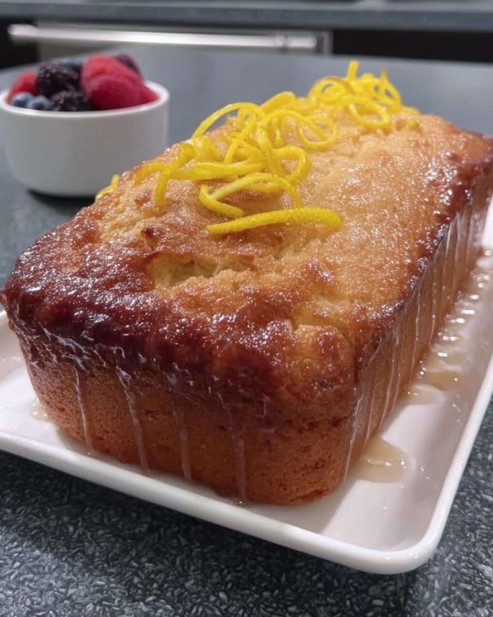 Golden lemon drizzle cake loaf on a cooling rack with fresh lemons