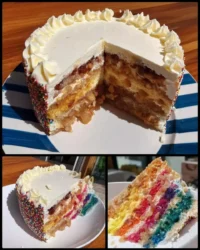 Slice of six layer lemon rainbow cake revealing vibrant colors