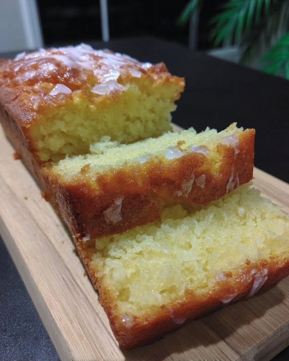 Slice of golden lemon yogurt bundt cake on a white plate