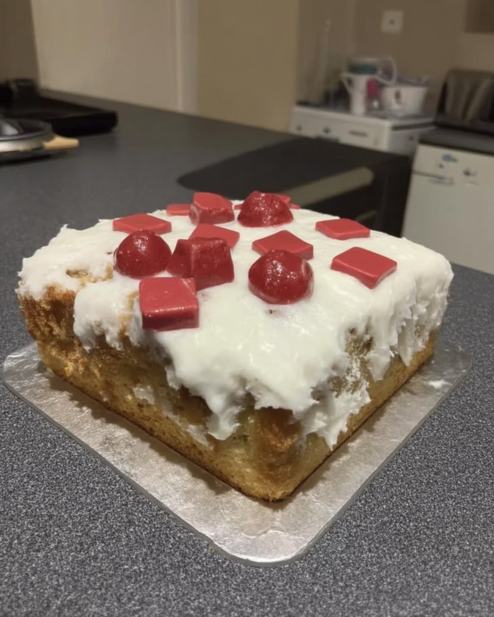 Realistic Minecraft cake block with marzipan topping and chocolate sides