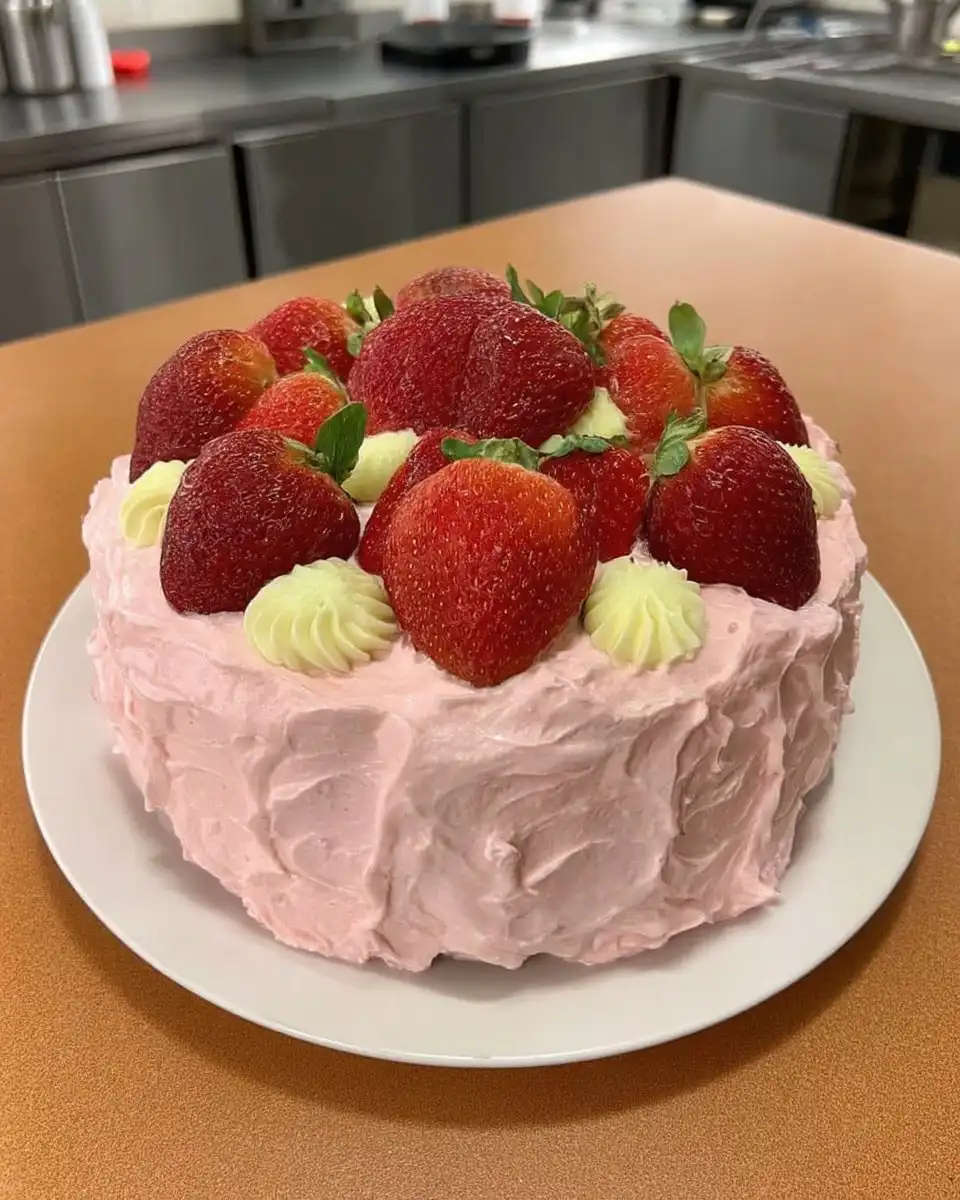 Electric mixer beating pink cake frosting to stiff peaks