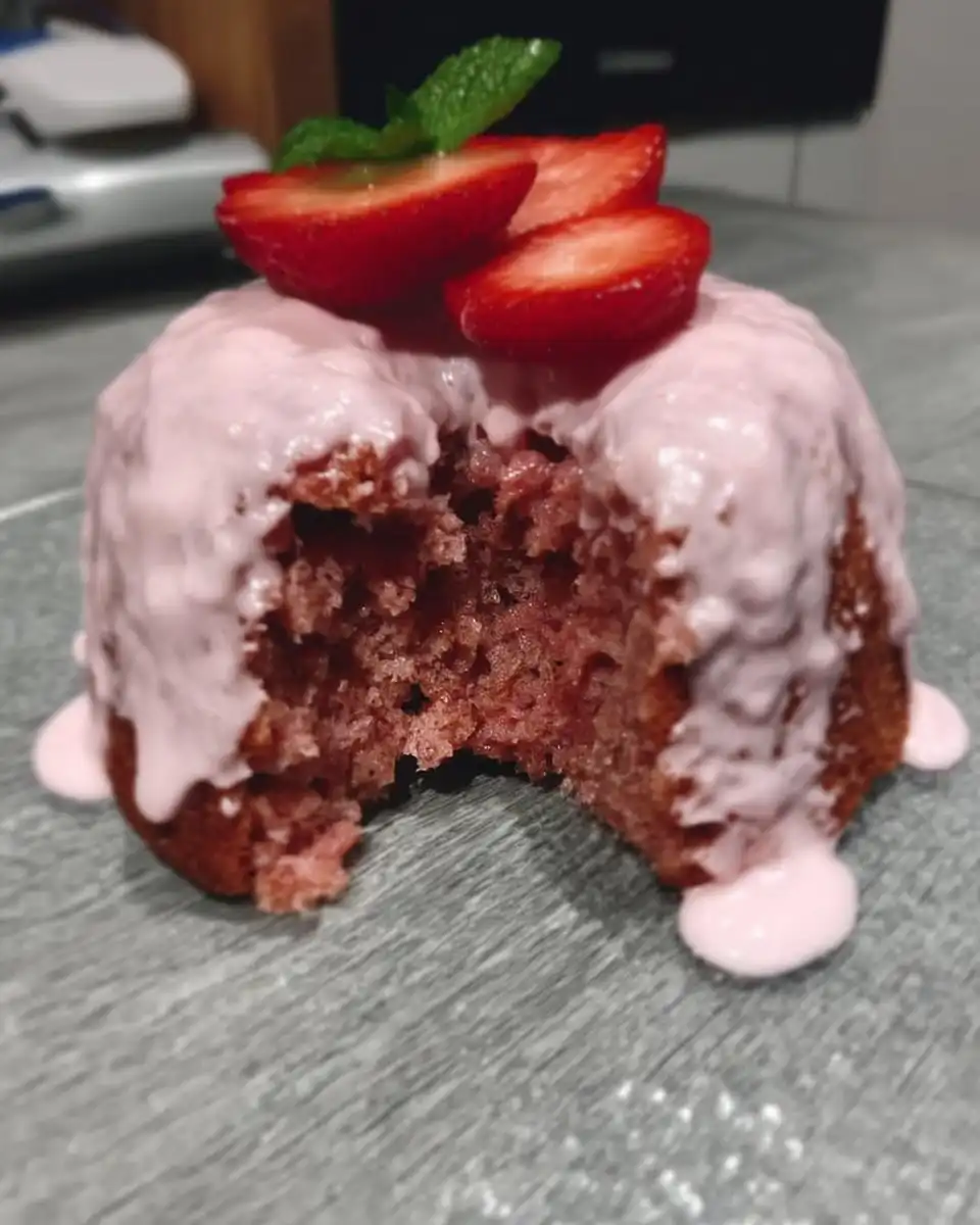 Pink strawberry cake batter being mixed in a bowl with a spatula