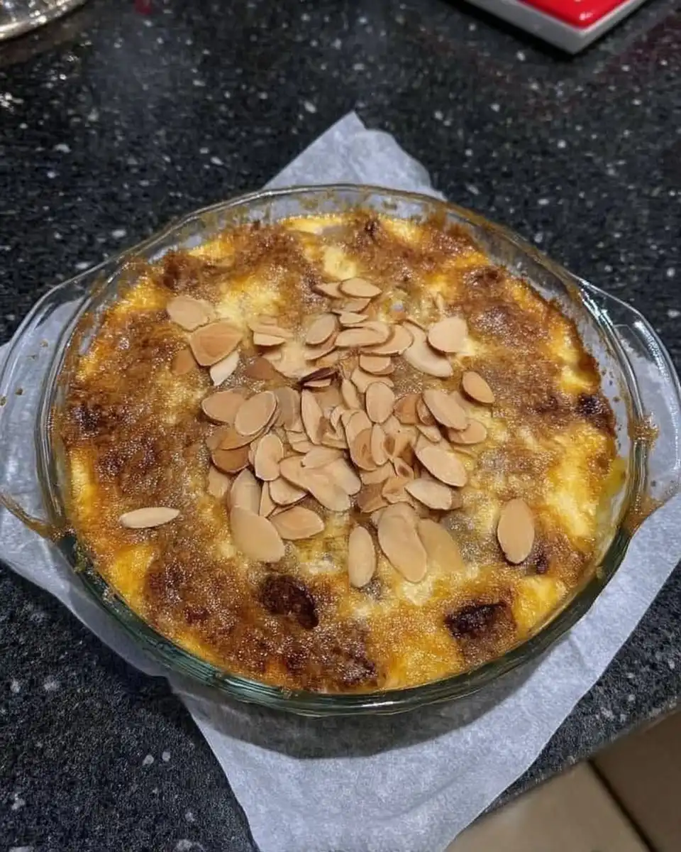 Peach dump cake served in a bowl topped with melting vanilla ice cream