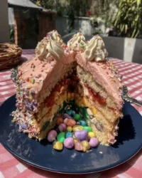 Pinata cake with slice removed showing candy spilling out from the center