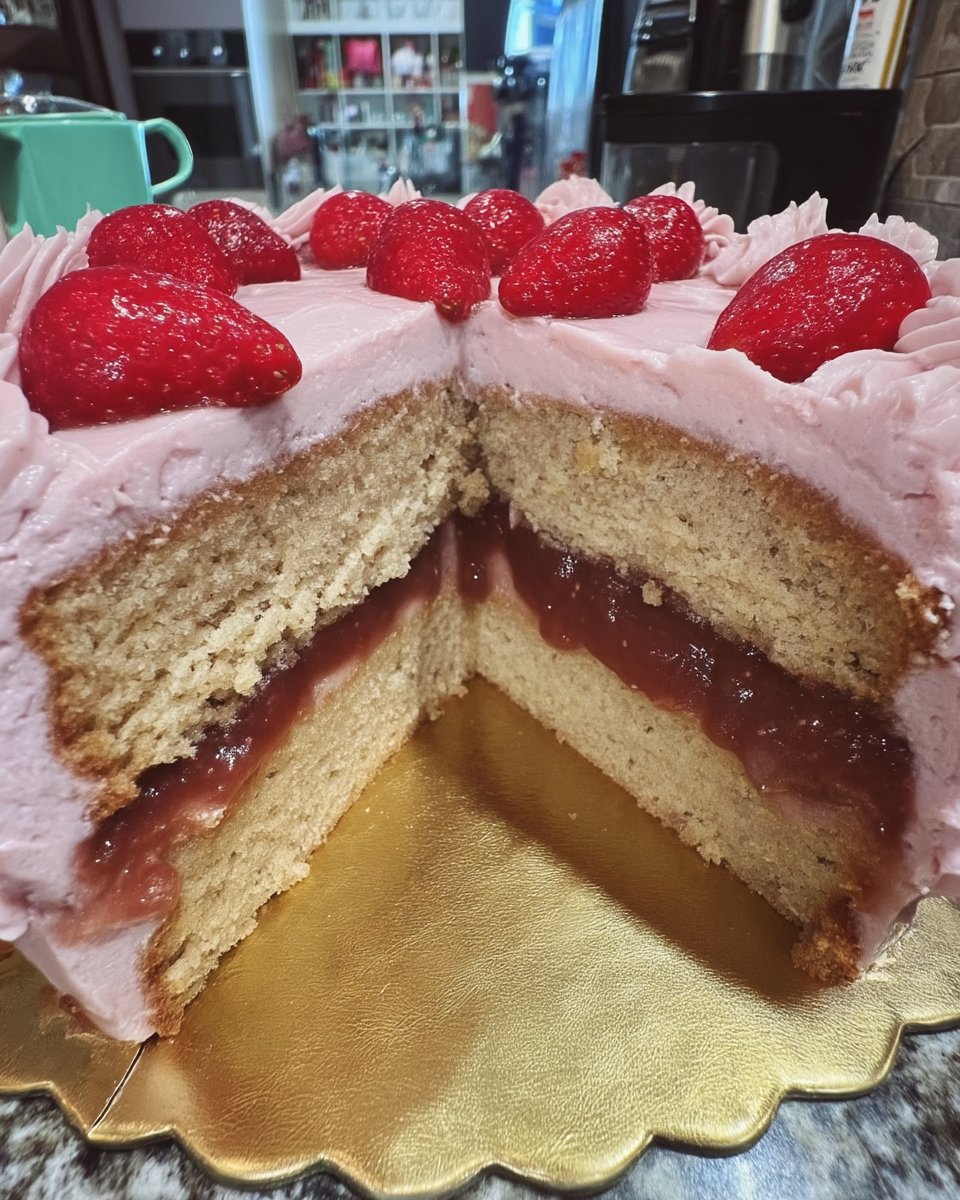 Close up of pink cake strawberry cream cheese frosting swirl