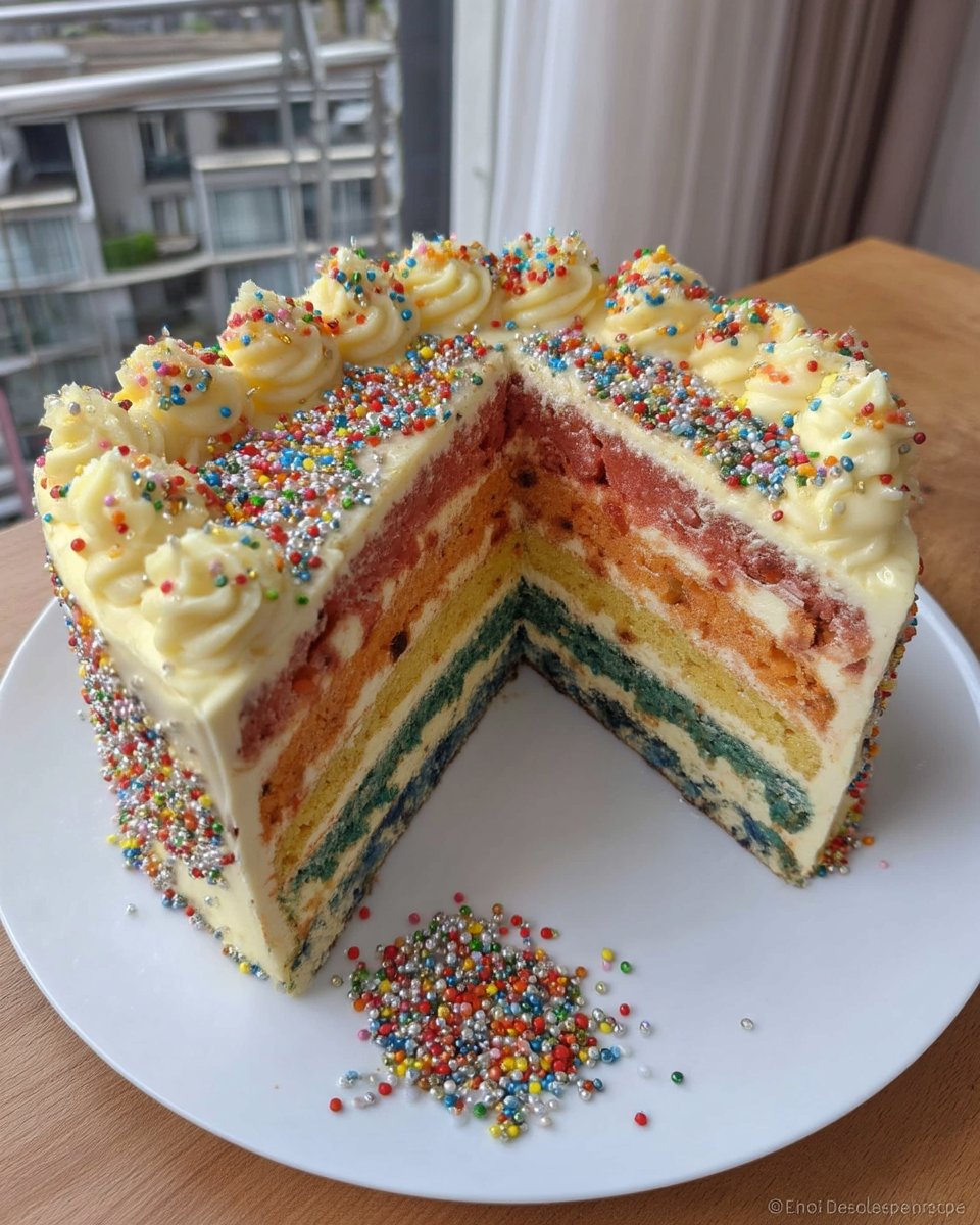 Piping bag adding buttercream rosettes to rainbow cake