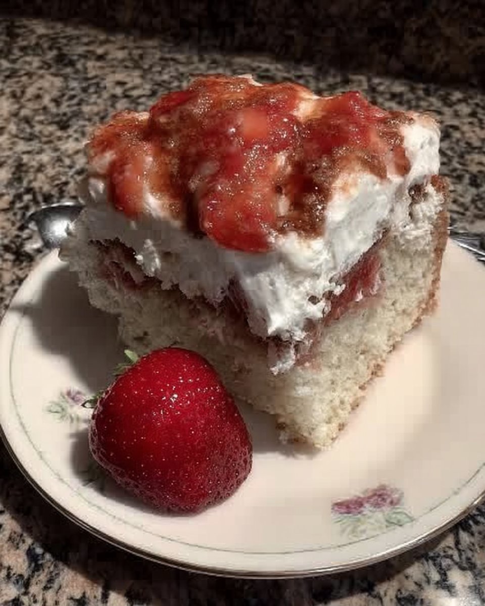 Strawberry Poke Cake 13 Wooden spoon handle poking holes in a baked sheet cake