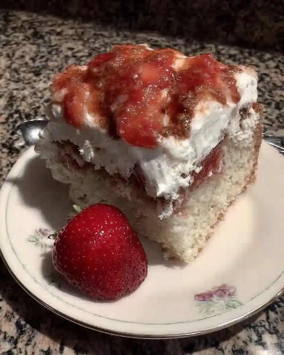 Wooden spoon handle poking holes in a baked sheet cake