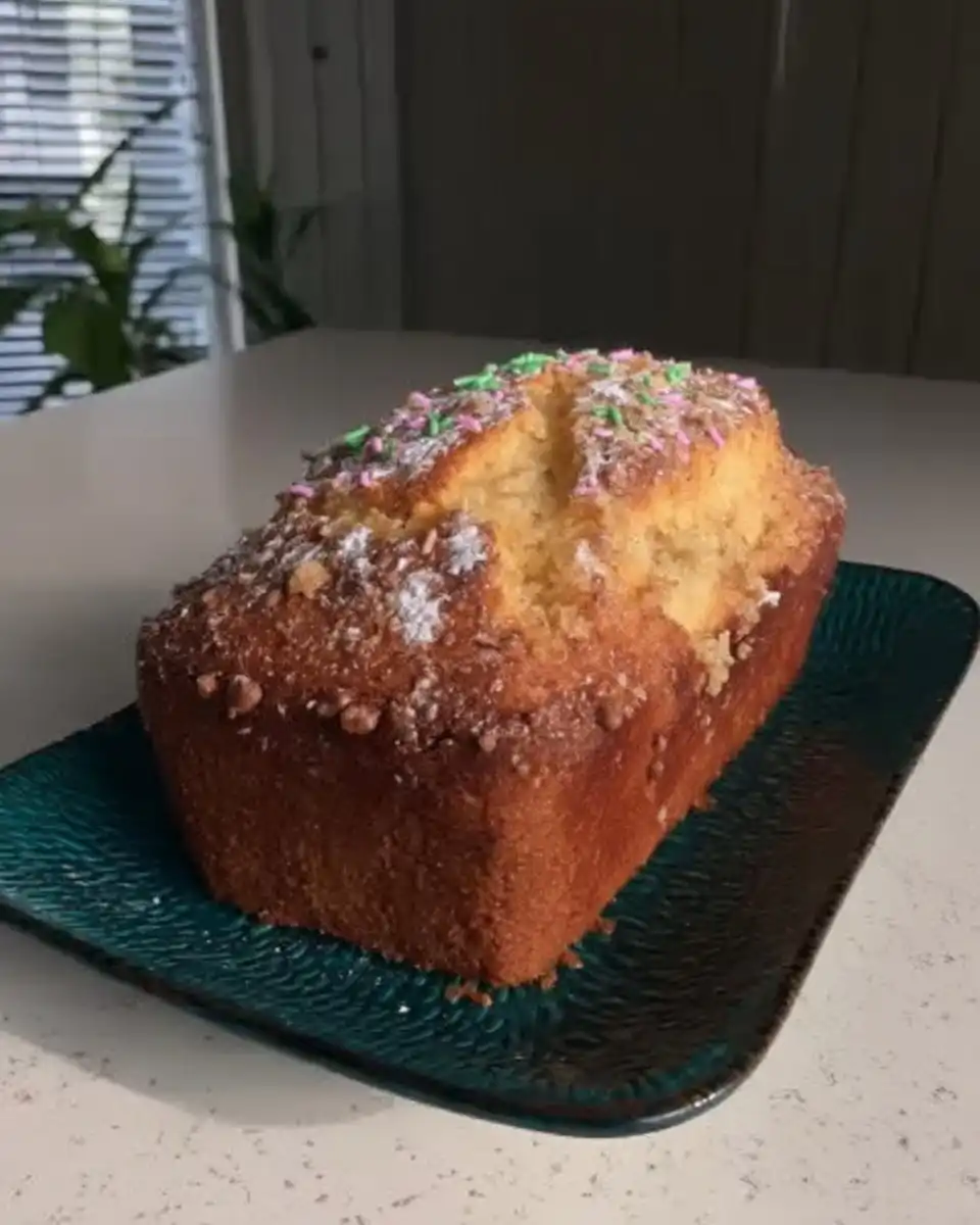 Wooden skewer poking holes into a hot lemon cake loaf